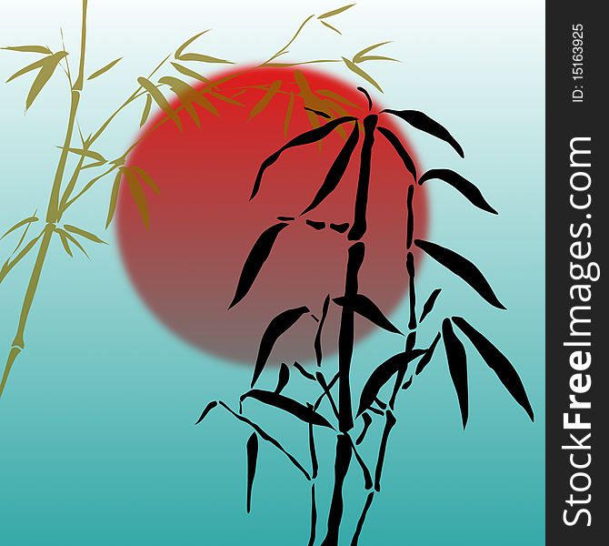 Abstract background with bamboo branches and the red sun