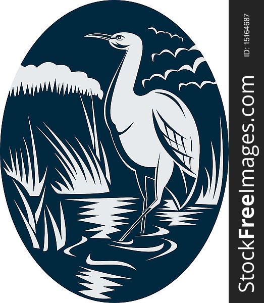 Illustration of a Heron wading in the marsh or swamp done in retro woodcut style.