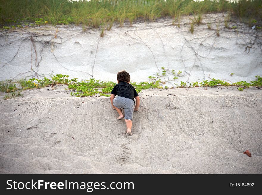 Boy Climbing Up At The Beach