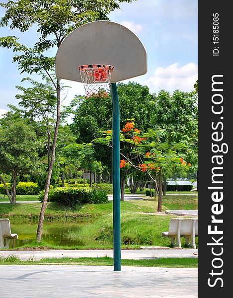 Basket ball hoop in sport court.