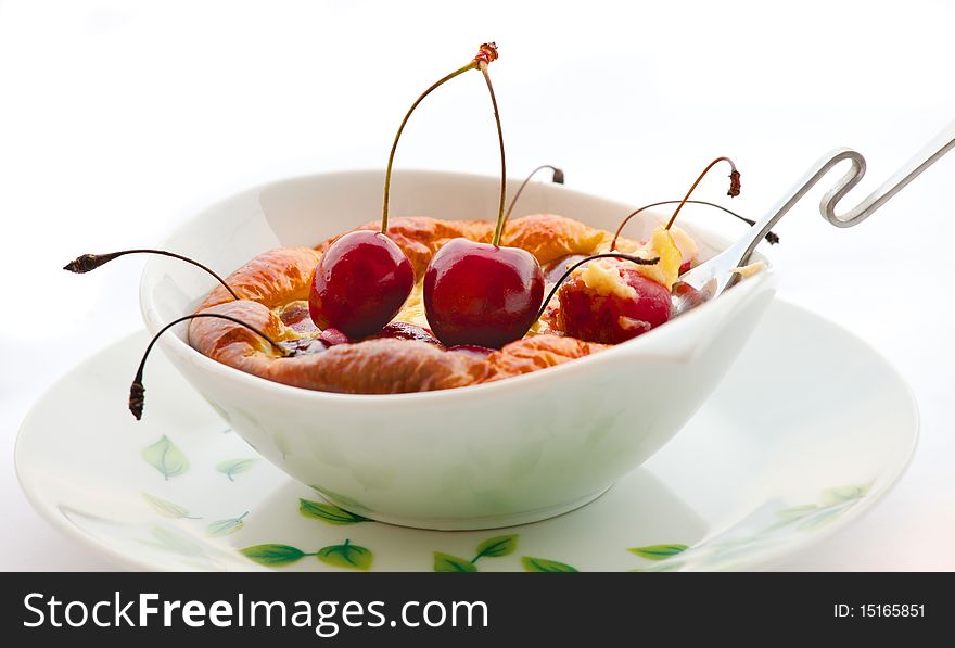 Sweet cherry Pastry in white pan. Sweet cherry Pastry in white pan