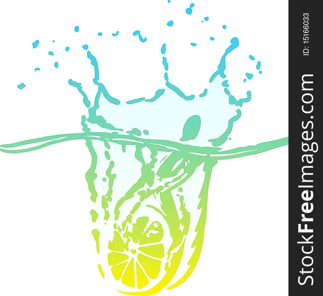 Slice of lemon dropped in water, stylized illustration. Slice of lemon dropped in water, stylized illustration