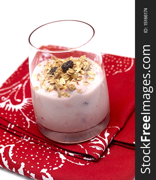 Strawberry yogurt with muesli in a glass. Strawberry yogurt with muesli in a glass