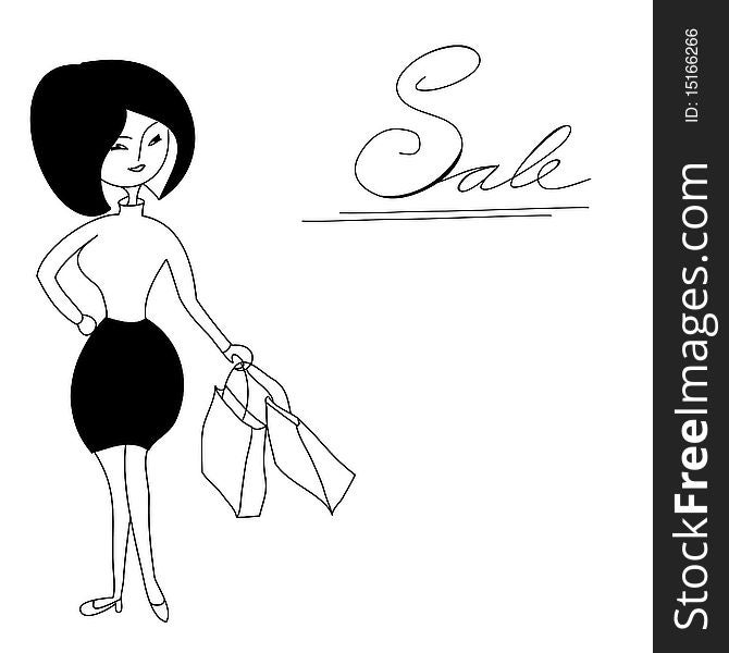 Girl with shoping bag. Universal template for greeting card, web page, background