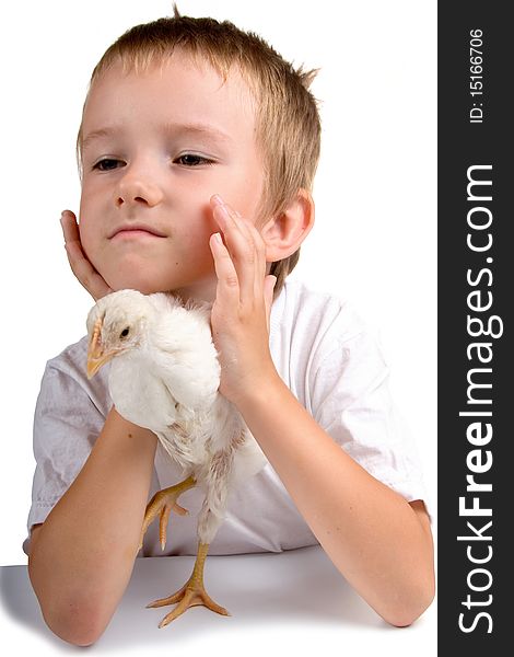 Funny boy with chicken, isolated on a white background
