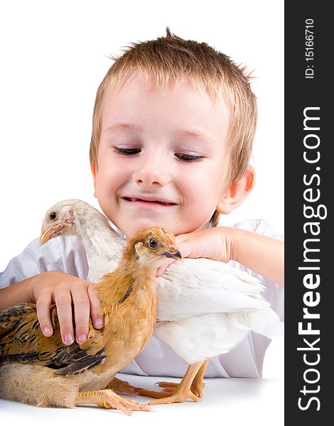 Funny boy with chickens, isolated on a white background