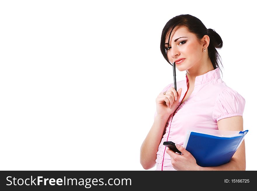 Portrait of a attractive young girl in pink blouse with papers on white background.