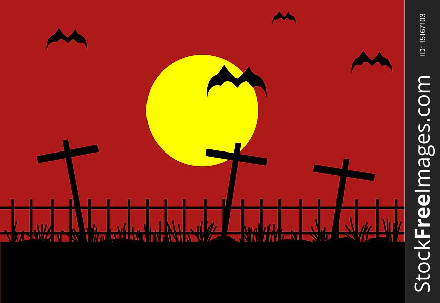 Night Cemetery With Bat Against The Dark Red Sky