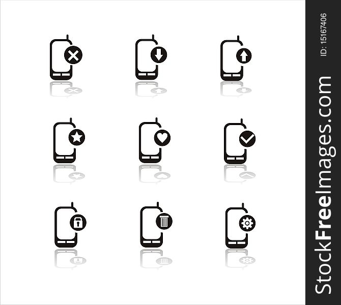 Set of 9 black mobile phone icons. Set of 9 black mobile phone icons