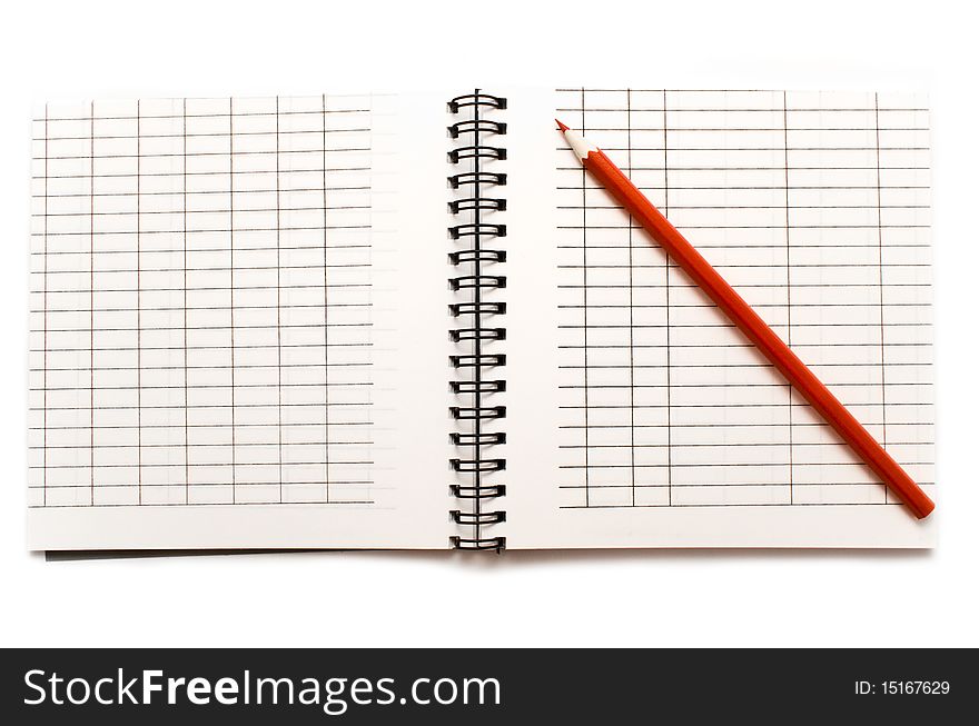 Notebook with a red pencil on a white background