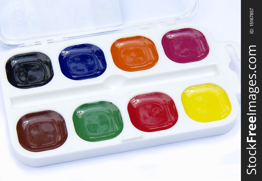 Water colours in a child's paint box. Water colours in a child's paint box.