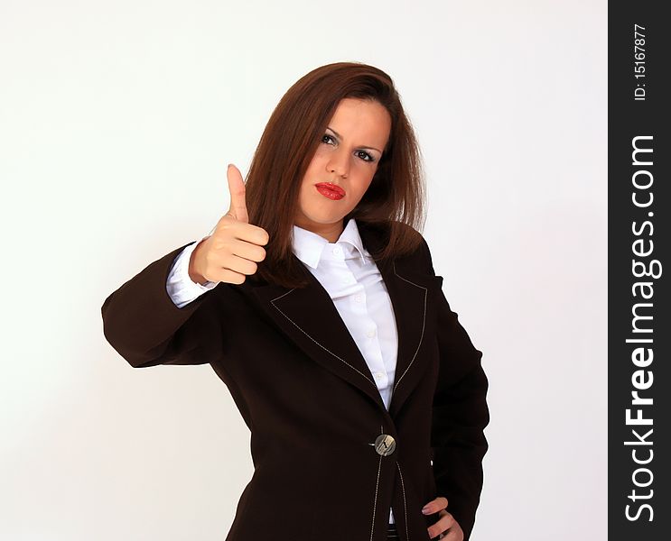 Young woman with thumb up commercial expression