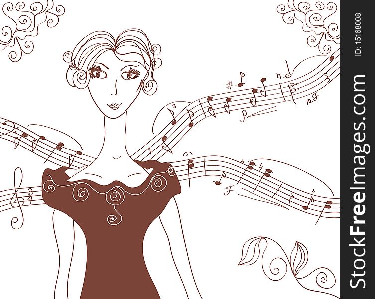 Music retro girl background with stave
