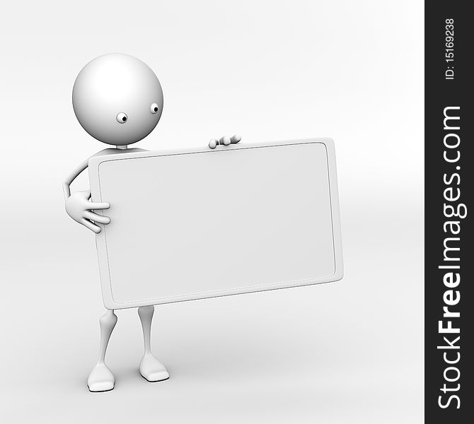 3D character holding a blank board. 3D character holding a blank board