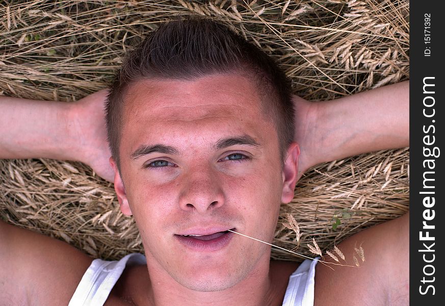 Portrait of a young man with a straw in his mouth on a hay background. Portrait of a young man with a straw in his mouth on a hay background