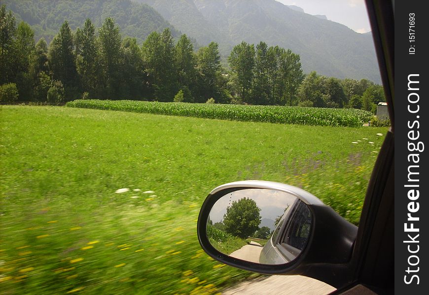 A photograph taken from the car moving along a country road. The recovery was made in the fields near Marter di Roncegno. A photograph taken from the car moving along a country road. The recovery was made in the fields near Marter di Roncegno