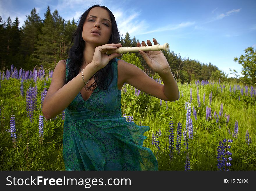 Attractive Girl With Flute Sitting In Summer Field