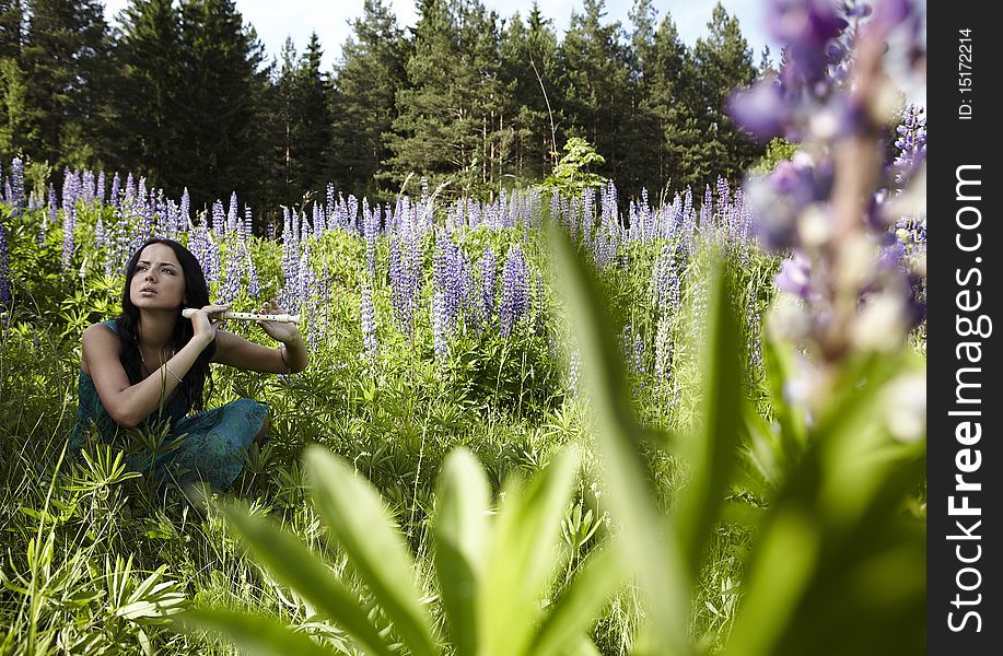 Attractive girl with a flute sitting in a summer field. Photo. Attractive girl with a flute sitting in a summer field. Photo.