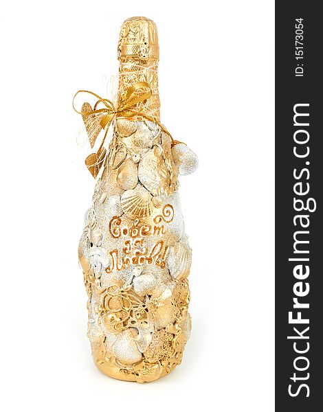 Decorative bottle of champagne on white background