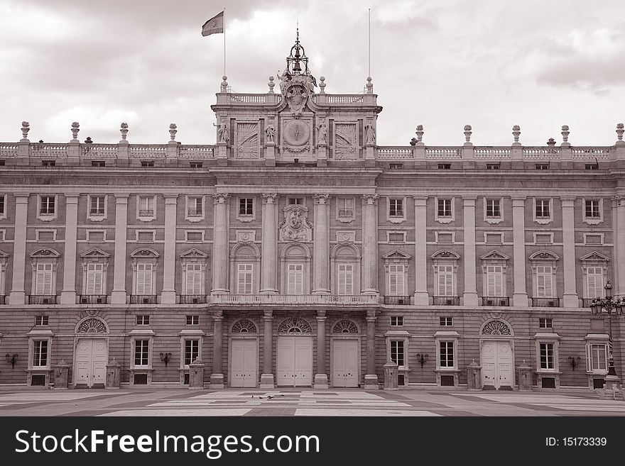 Main facade of Royal Palace in Madrid, Spain in sepia black and white tone