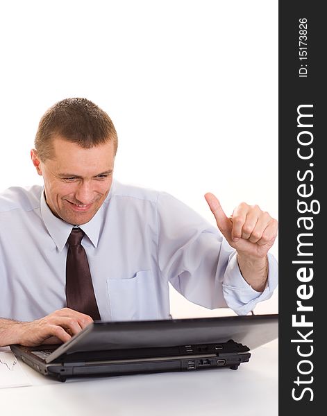 Businessman with laptop on white background