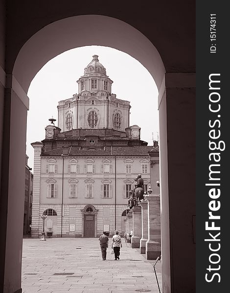 The Royal Church of San Lorenzo in Turin, Italy in sepia black and white tone. The Royal Church of San Lorenzo in Turin, Italy in sepia black and white tone