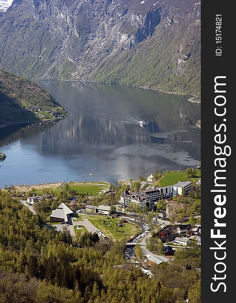 Forested mountains, valley and Geiranger fjord in Norway