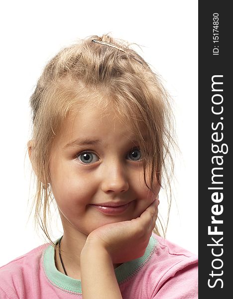 Little smiling girl portrait isolated over white background