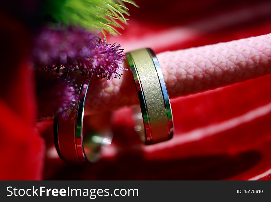 Wedding Rings detail with red flower