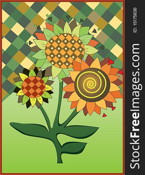 Abstract illustration of three sunflowers on colorful background. Abstract illustration of three sunflowers on colorful background