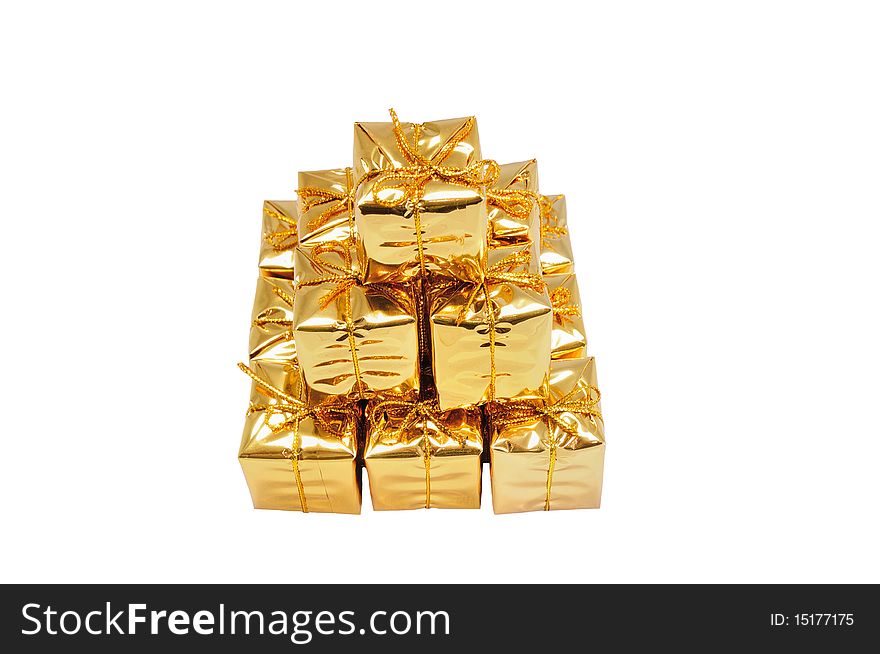 Isolated pyramide of small yellow gifts on white. Isolated pyramide of small yellow gifts on white
