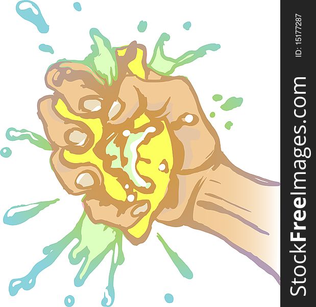 Illustration of a hand squeezing lemon. Illustration of a hand squeezing lemon