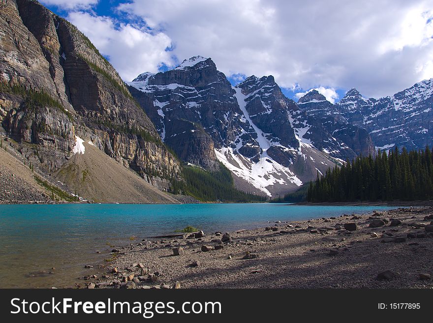 Rocky mountain peaks at Moraine lake, Banff National Park, Alberta, Canada