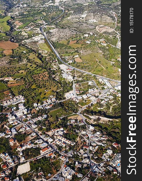 Aerial view of residential area in mountains of Cyprus