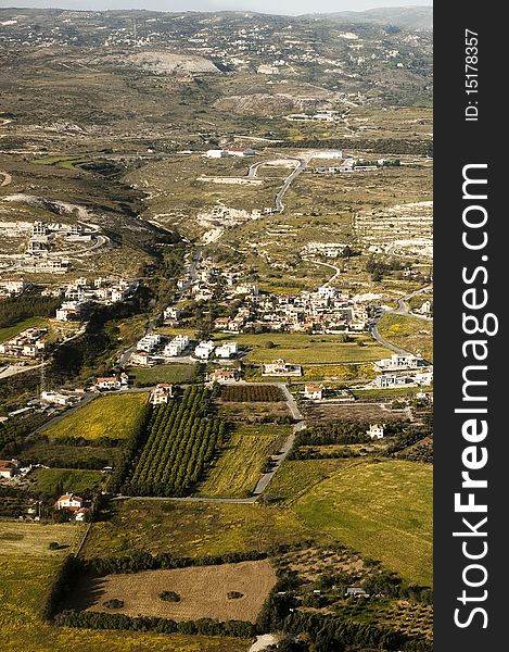 Aerial view of residential area in mountains of Cyprus