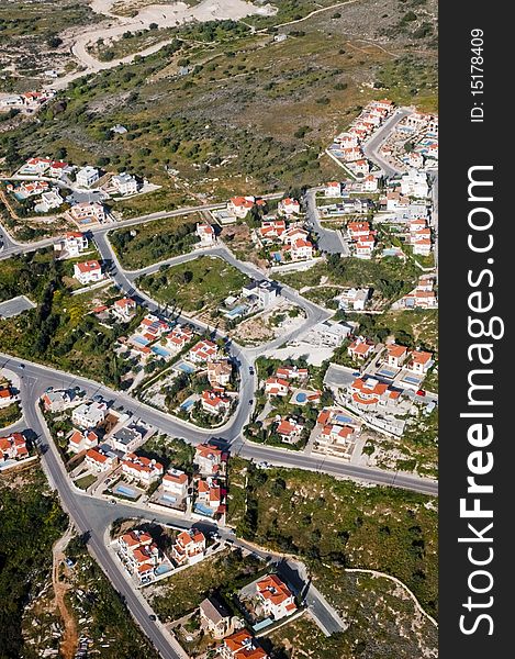 Aerial view of residential area in mountains of Cyprus