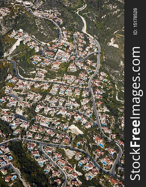 Aerial view of residential area in mountains of Cyprus