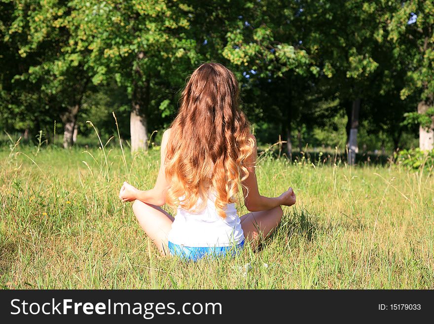 Young beautiful girl with gorgeous long hair enjoys egoy in the park on a background of green grass and trees. Young beautiful girl with gorgeous long hair enjoys egoy in the park on a background of green grass and trees