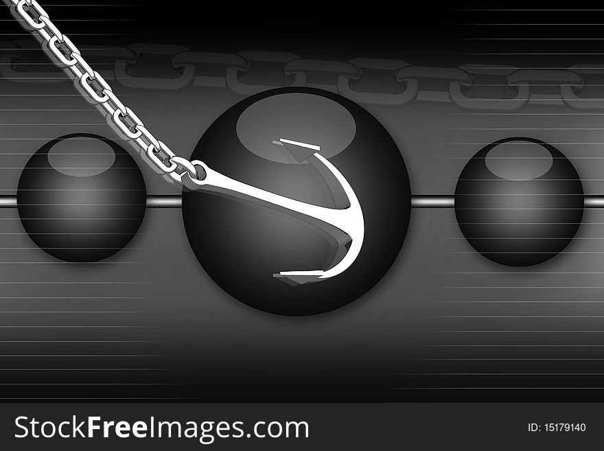 Digital illustration of Anchor and Chain in black bubbles background