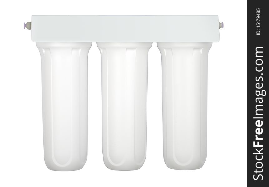 Modern tripple water cleaning filter isolated with clipping path on white