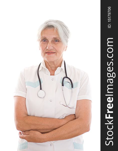 Elderly woman doctor on a white background