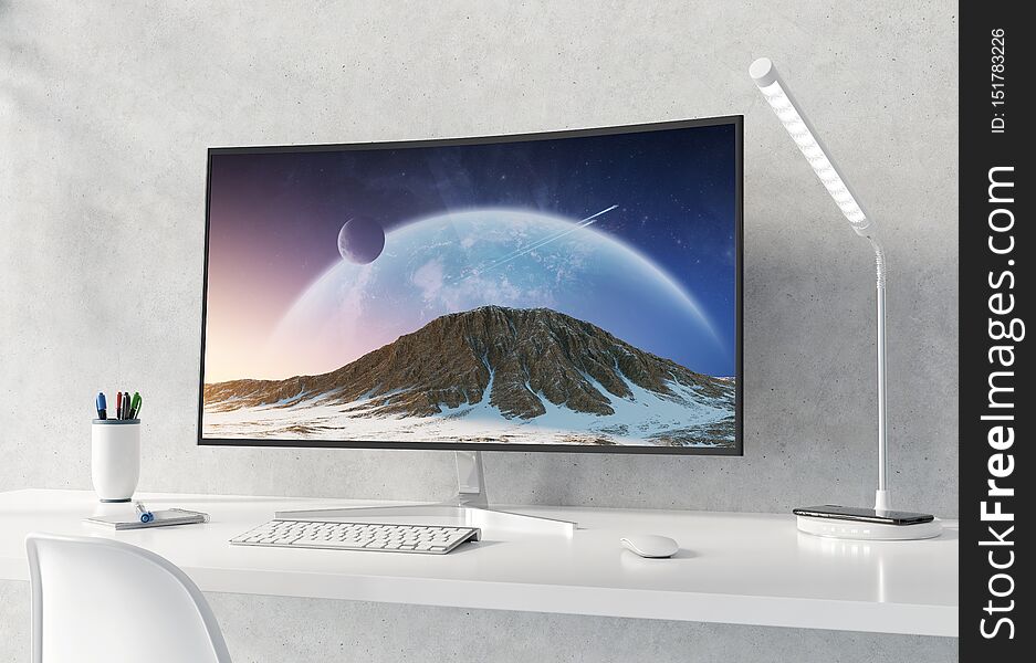 Curved monitor on white desktop and concrete interior mockup 3D rendering