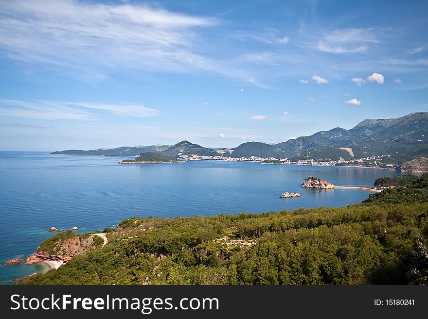 Panorama of Montenegro coast line with Sveti Stefan resort island-hotel