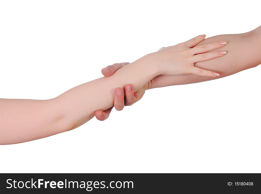 Hands of men and women relating to each other. On a white background