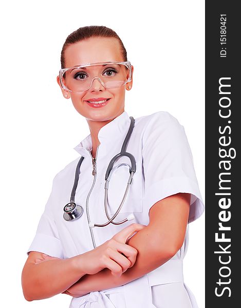 Young nurse in white uniform, transparent glasses and a stethoscope isolated on white