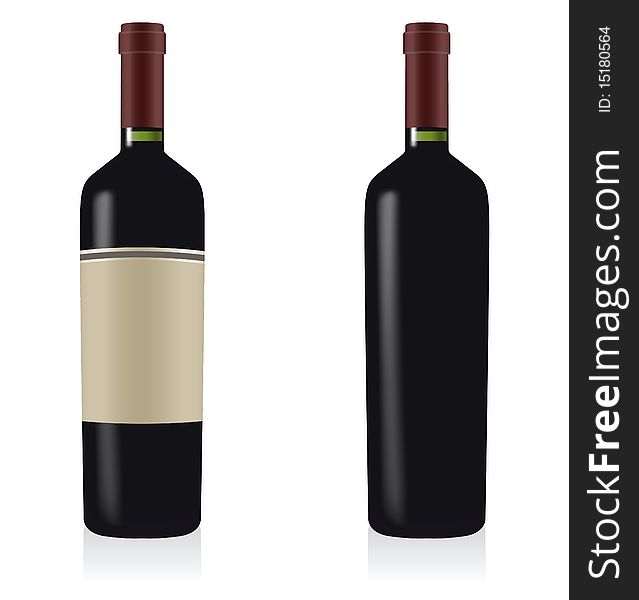 Bottles of red wine with a blank label and without label isolated on white. Bottles of red wine with a blank label and without label isolated on white