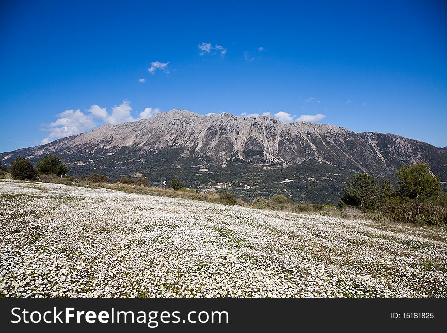 Beautiful spring landscape of the mountains on Lefkada Island in Greece.
