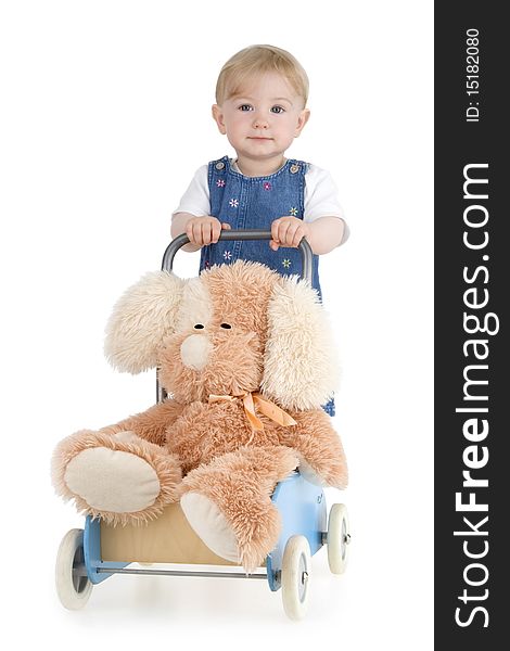 Infant with his toy on white background.