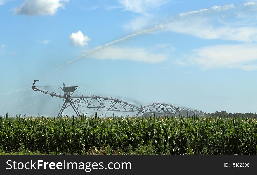 Irrigating a corn field against a blue sky with clouds