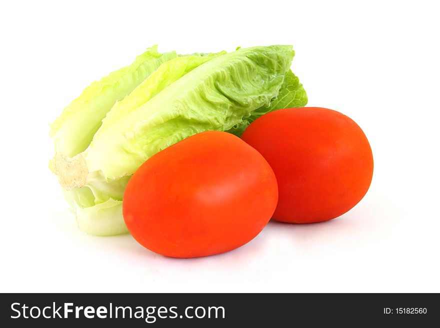 Healthy vegetables Tomato and lettuce isolated white background. Healthy vegetables Tomato and lettuce isolated white background